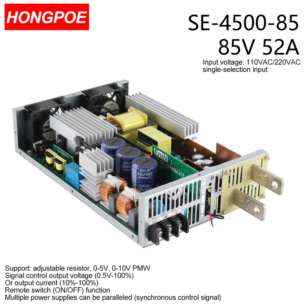 85V 300A 4500W SMPS with CE certification featuring adjustable AC-DC output, 0-5V/0-10V PLC/PWM control, 0-12V regulation, and 12V 300A power capacity