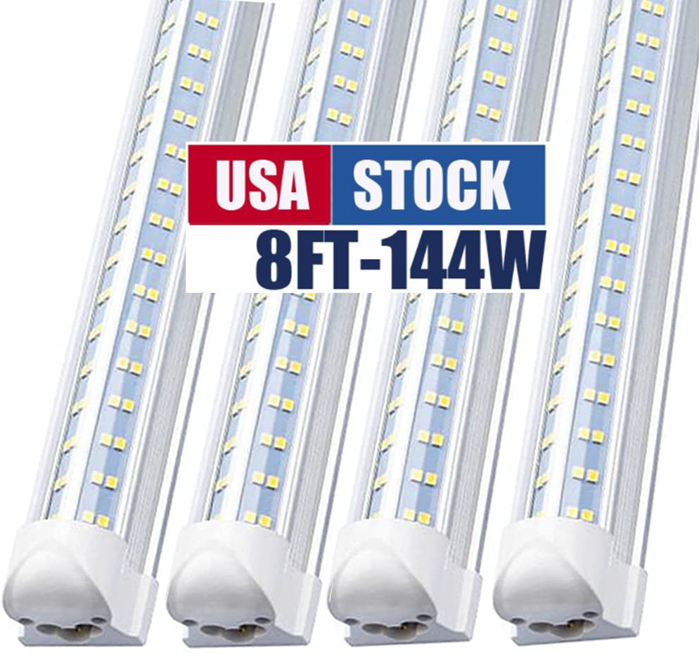 8-foot LED shop lights with 144W power and 14400 lumens, featuring a V-shape design, clear cover, and linkable surface mount for freezer and cooler doors