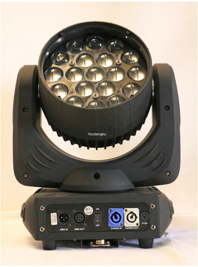 8-in-1 RGBW LED moving head beam with 19x10 zoom and 4-color mixing