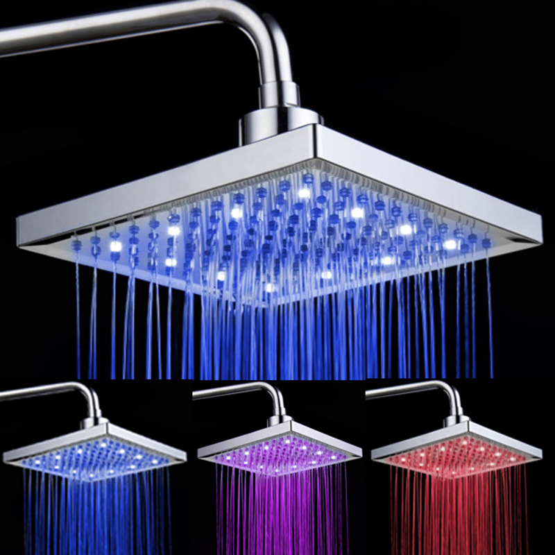 8-inch LED shower head with adjustable arm, featuring water-powered color-changing lights for bathrooms