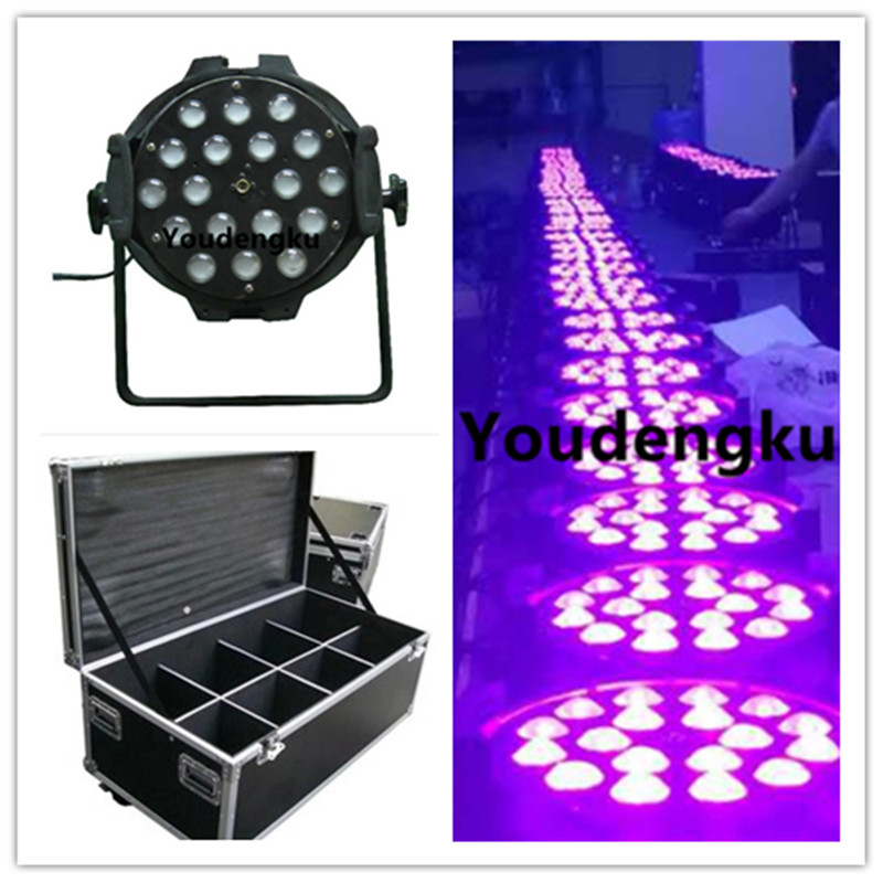 8-piece set with 18x18 LED Zoom par light featuring 64 zoom and 6-in-1 functions for indoor use