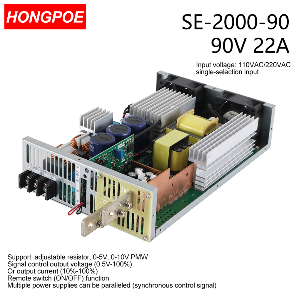 90V 22A 2000W adjustable switching power supply with CE certification, featuring 0-5V/0-10V PLC/PWM control and 0-85V voltage regulation