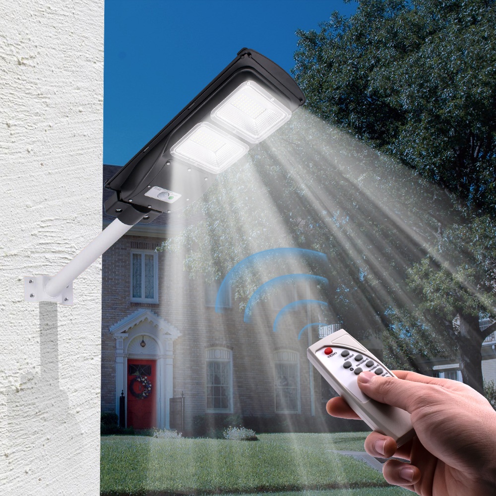 90W solar-powered outdoor LED light with light control and radar sensor in black, ideal for pathways, campuses, farms, and perimeter security