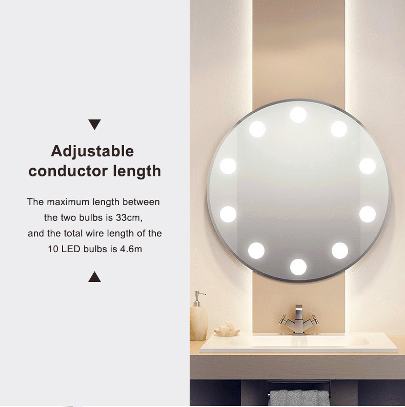Adjustable dimmable 12V vanity mirror light with 6, 10, or 14 bulbs for dressing tables