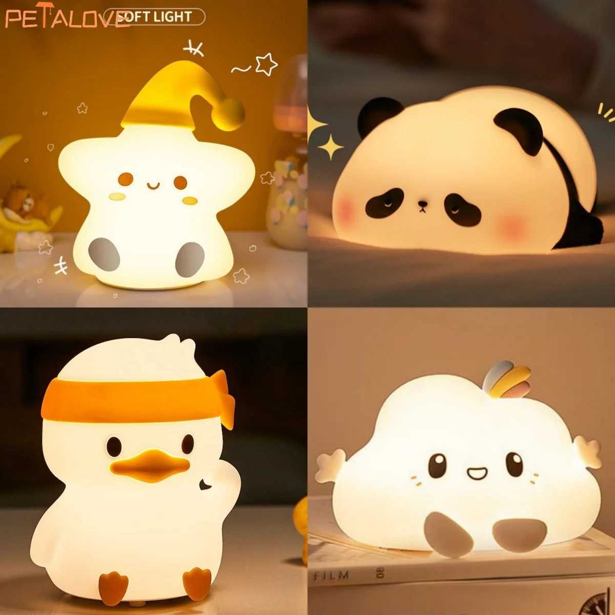 Adorable silicone night light featuring cute animal designs like pandas, rabbits, and ducks, perfect as a Christmas gift for kids with USB rechargeable warm soft lighting