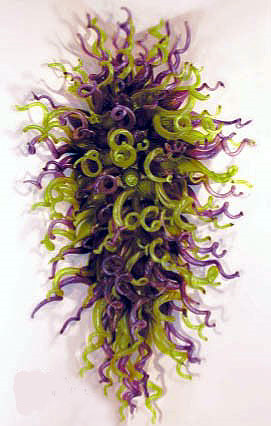 Affordable Moroccan-style green and purple glass chandelier with handcrafted crystal details for hotel lobbies