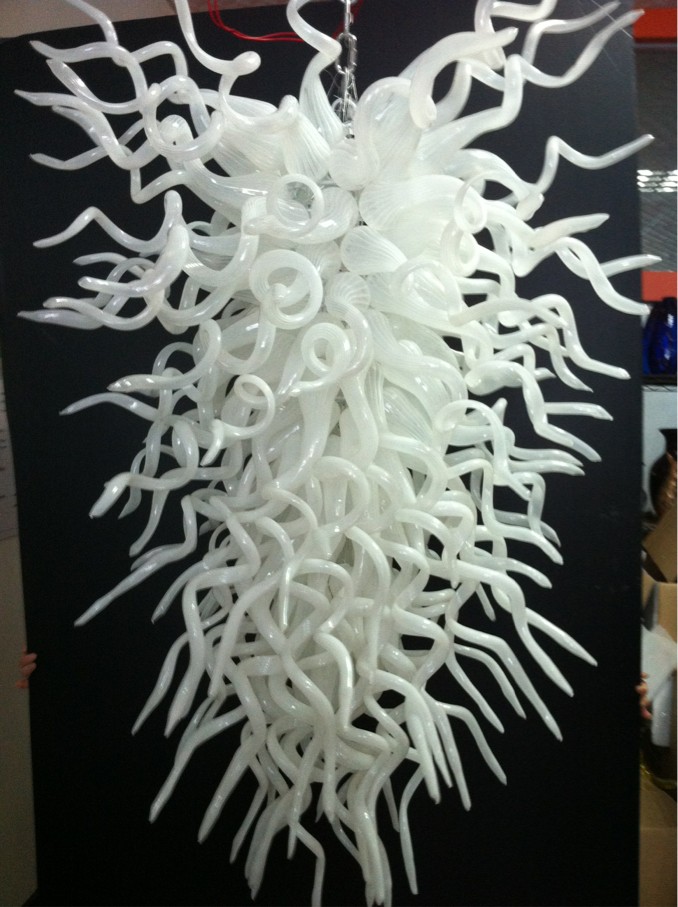 Affordable stylish chandelier featuring handcrafted white Murano glass in a long elegant design