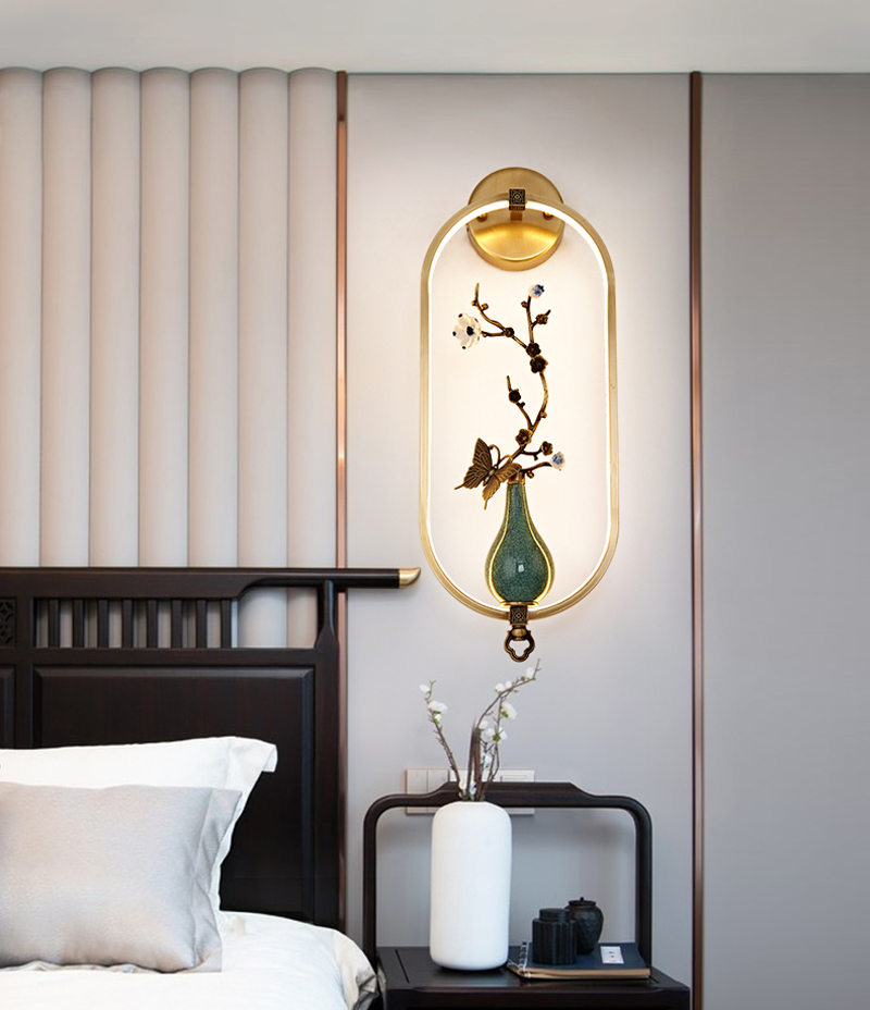 All Copper New Chinese Style Wall Lamp for Living Room TV Background, Modern Study Bedroom Bedside LED Lighting for Corridor and Aisle