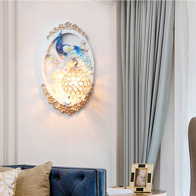 American Blue Peacock Crystal Wall Lamp for Warm Bedroom, Bedside, Aisle, Balcony, Stair LED Lighting, Bar, Hotel Lobby, and Bathroom Use