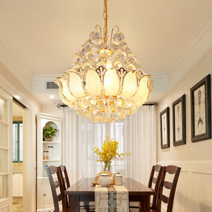 American contemporary LED chandeliers with crystal accents, featuring lotus flower designs for elegant indoor lighting in homes, restaurants, and living spaces