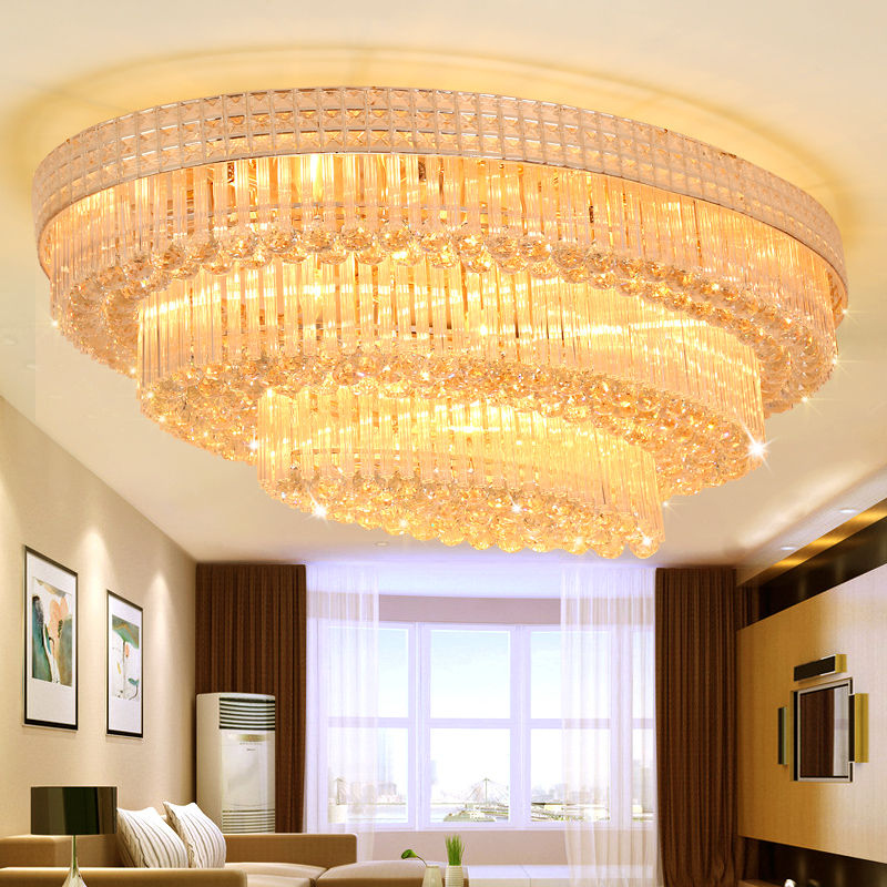 American contemporary oval crystal ceiling LED fixtures, elegant oblong hanging lamps for hotel lobbies, parlors, halls, and modern indoor home lighting with 3 lights