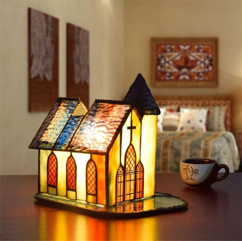 American creative retro small house lamps art bedroom bedside bar night light church Tiffany stained glass table lamp TF041