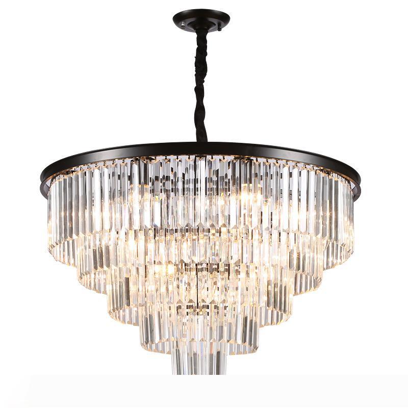 American LED chandelier with clear crystal accents, metal frame, and pendant design for dining room lighting, compatible with 100-240V