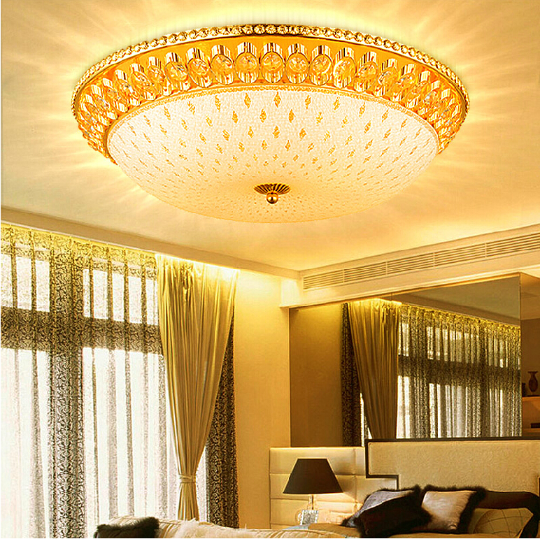 American modern LED crystal ceiling lamp with gold accents, a romantic European-style round fixture for bedroom or living room lighting