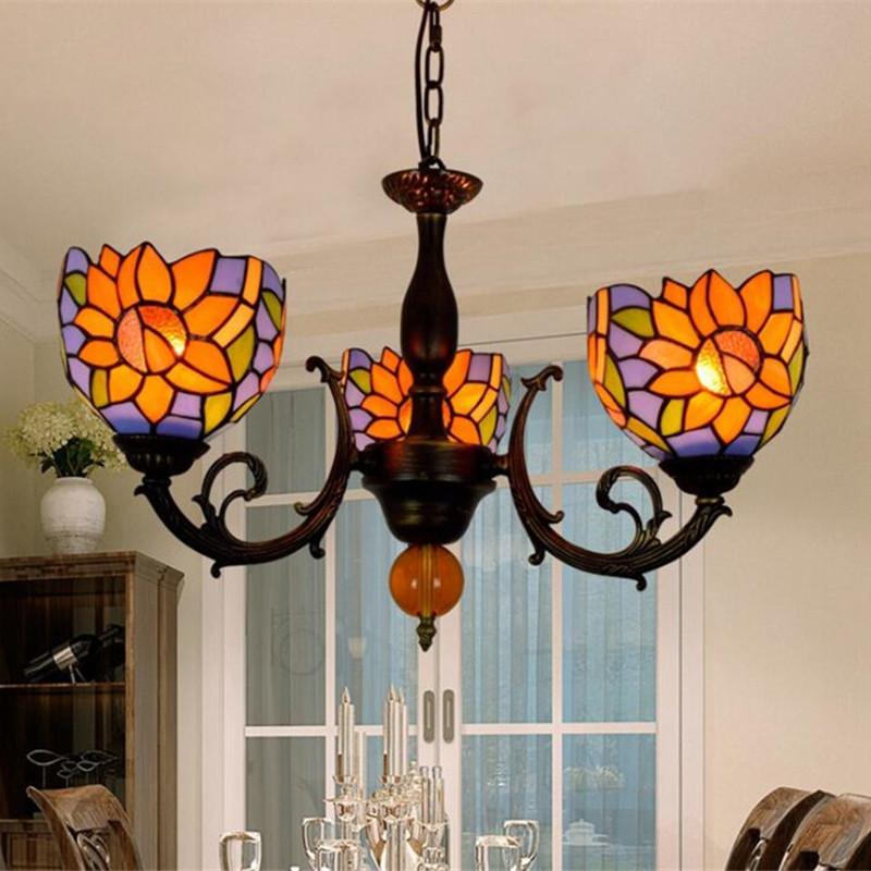 American pastoral creative Tiffany stained lamp blue sun flower personality restaurant decoration three-headed glass chandelier TF007