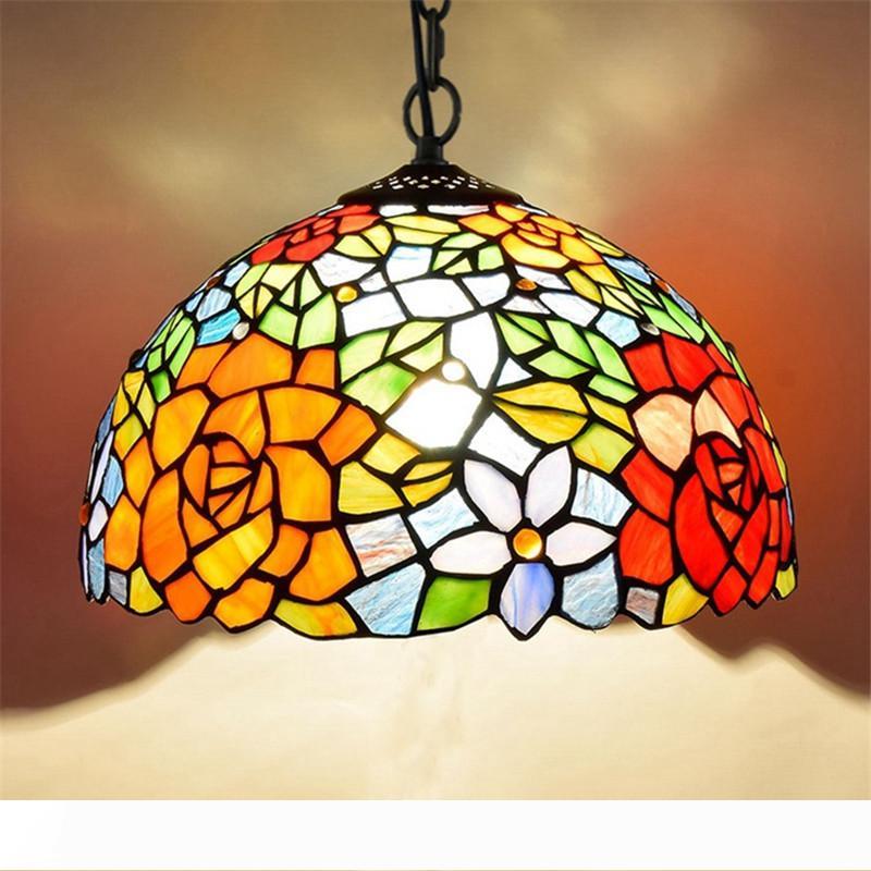 American pastoral-style Tiffany stained glass chandelier with red roses, 12-inch retro restaurant lighting TF051