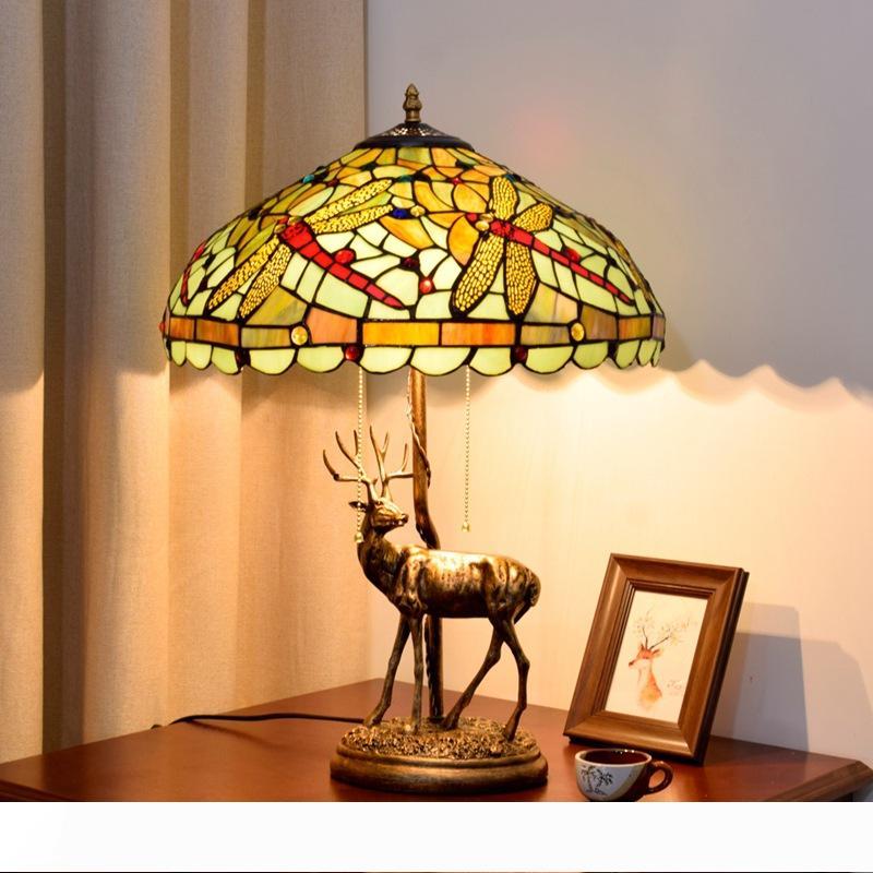American retro Tiffany stained glass table lamp with green dragonfly design for living room, dining, or bar decor TF094
