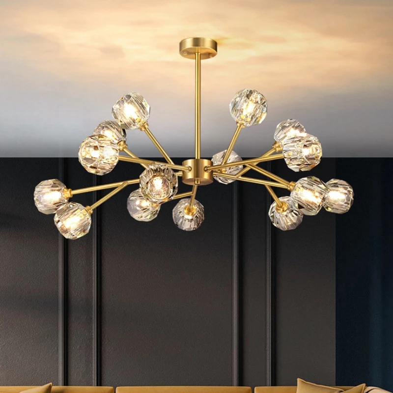 American RH Loft K9 Cristal G9 LED chandelier in gold and black metal for living room lighting