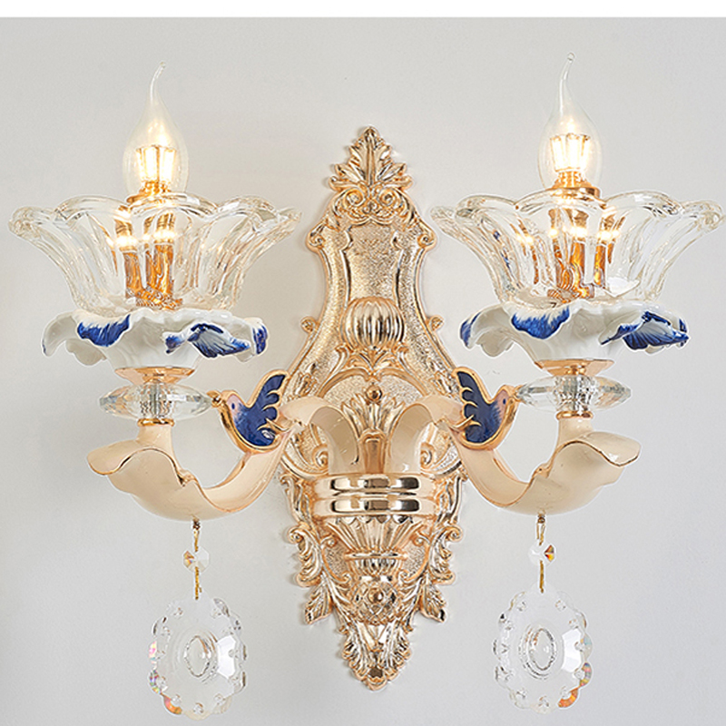 American Romantic Crystal Wall Lamps European Ceramic Crystal Wall Lights Fixture LED Lamp Single Lamp 2 lamps Home Indoor Lighting