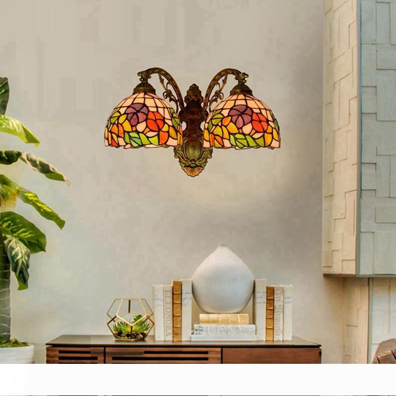 American stained glass wall lights for living room, dining room, or hallway - vintage Tiffany-style dual-head sconce TF039
