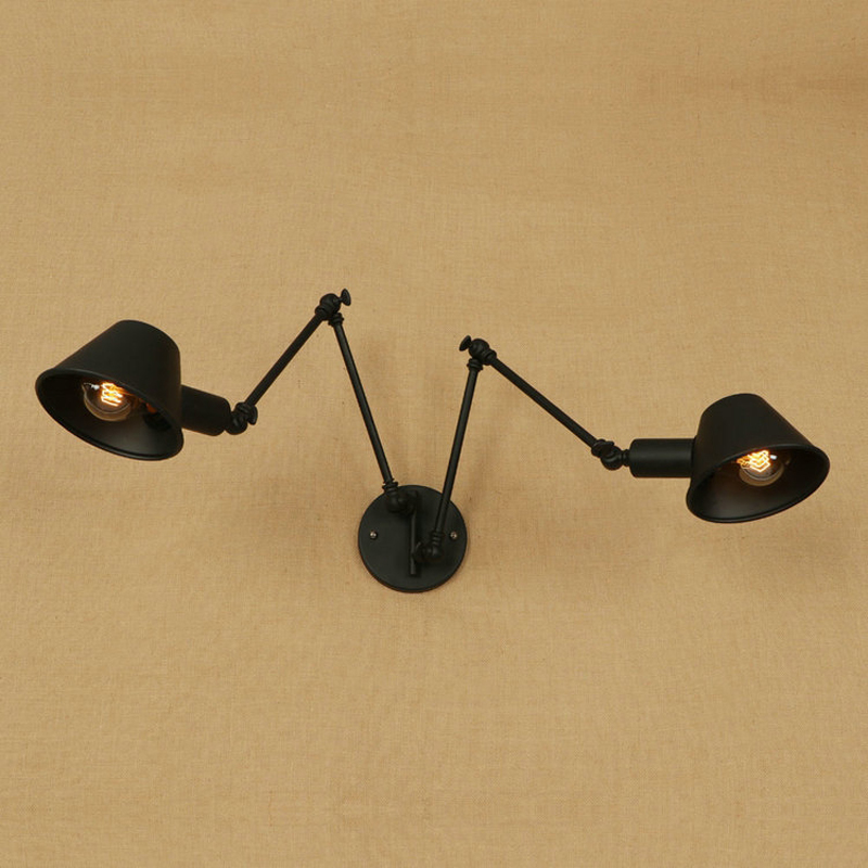 American vintage-style dual-head black wall lamp for cafes, offices, and adjustable bedroom lighting