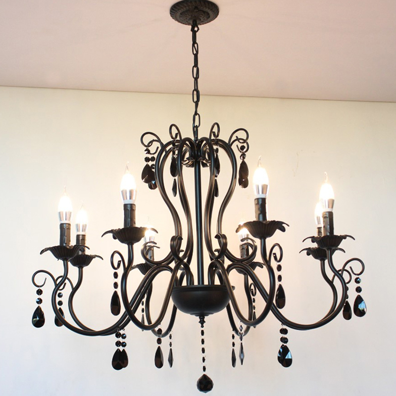 American wrought iron crystal chandelier for bedroom, study, or living and dining rooms with simple black candle-style lighting
