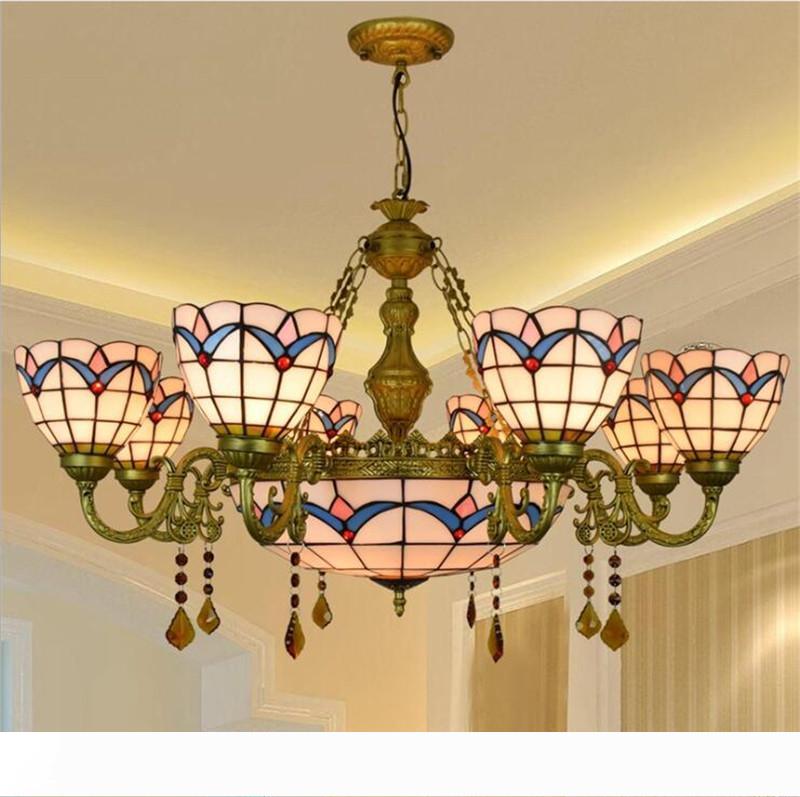 American-inspired simple Mediterranean Tiffany stained glass chandelier for living, dining, or bedroom spaces with long crystal accents TF024