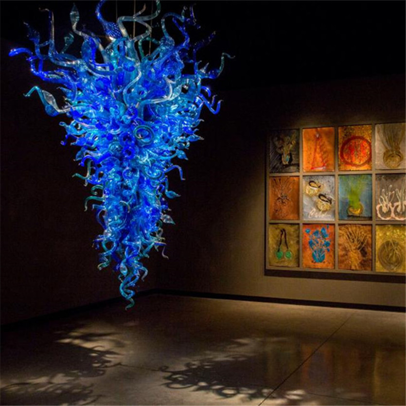 American-made hand-blown glass chandeliers with blue LED lighting for home decor in living spaces