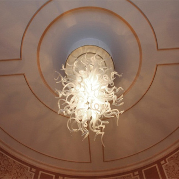 American-made LED pendant lights with clear white glass shades, handcrafted chandelier lighting for home interiors