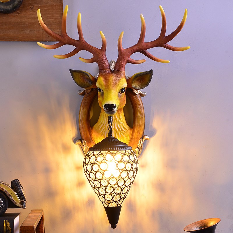 American-style deer head wall lamp for bedroom, living room, or restaurant decor with retro lighting fixtures and creative corridor mirror illumination