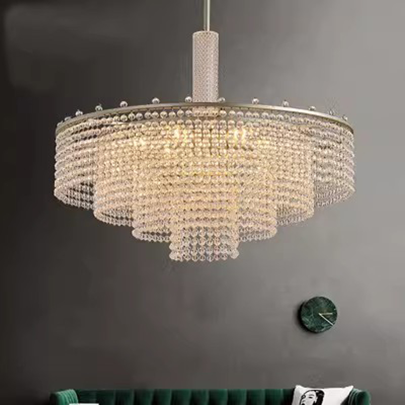 American-style luxury crystal chandeliers featuring European-inspired round designs with brilliant pendant lighting for home interiors including dining rooms, living spaces, and bedrooms
