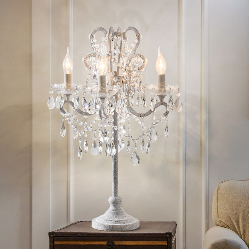 American-style vertical crystal table lamp for living room, retro white desk light with French simplicity, ideal for study, bedroom, or bedside