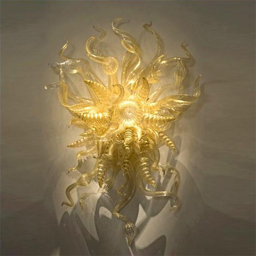 Art Deco Murano wall lamps in gold, 60cm wide and 80cm tall, handcrafted from blown glass for elegant home lighting in living rooms, bedrooms, or bathrooms