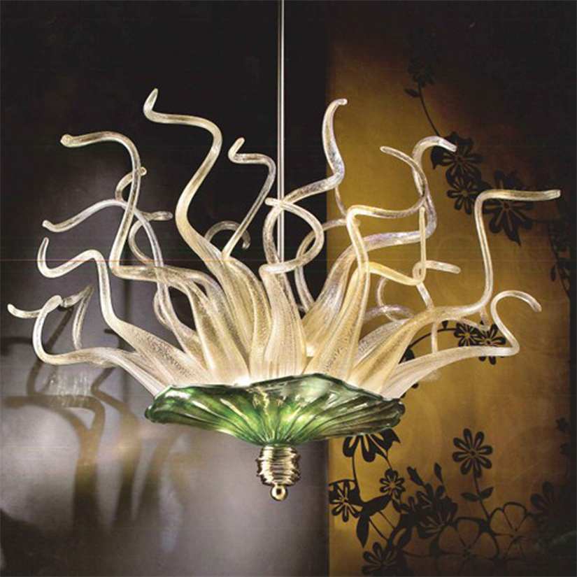 Art Deco style LED lamps in amber and green hues, handcrafted from blown crystal, 24x24 inches, Murano glass chandelier for dining or living spaces