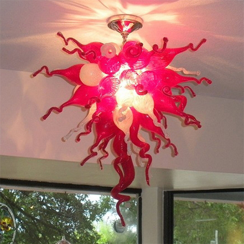 Art Deco-style red and white 24x36 inch handcrafted blown glass LED pendant chandelier for bedroom or living room