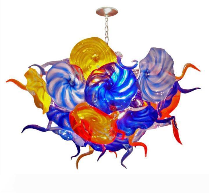 Artistic colorful LED pendant light with hand-blown glass flower plates for home decor