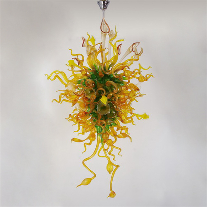 Artistic hand-blown Murano glass chandelier with yellow and green hues, LED lighting for bedroom or living room, measuring 32x48 inches in antique style