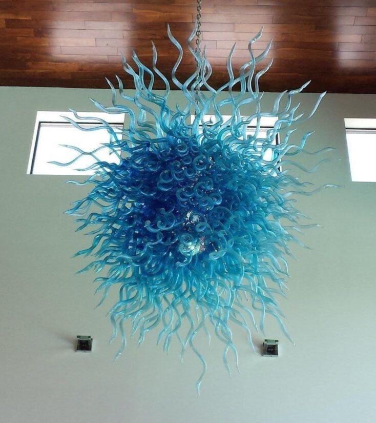 Artistic turquoise blue LED chandelier with hand-blown glass twisted balls for indoor lighting