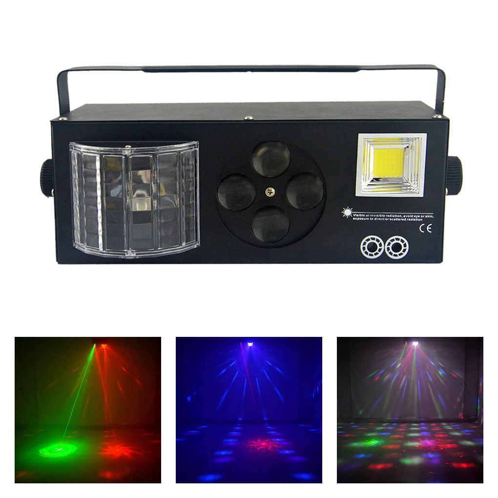 AUCD 4-in-1 RG laser gobo projector with strobe, RGBW LED crystal ball and DMX control for dynamic stage lighting effects