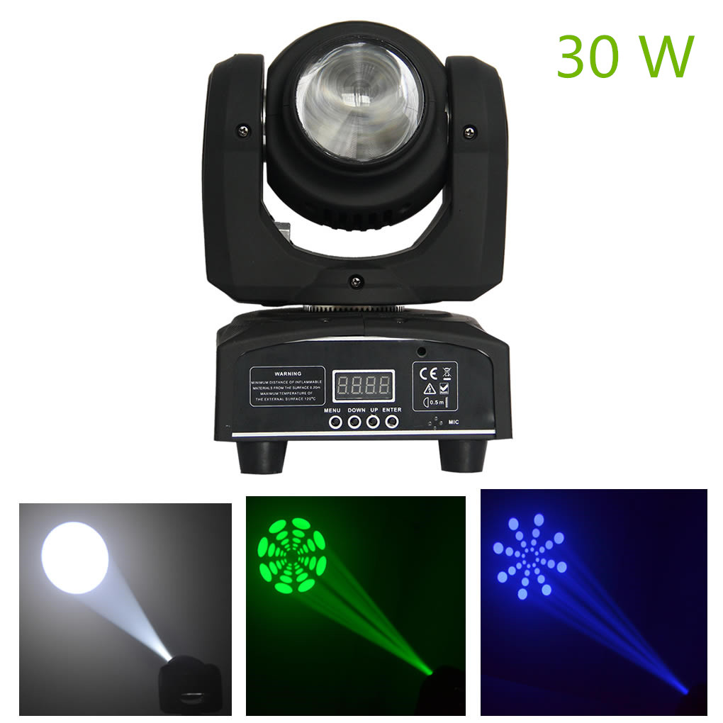 AUCD Mini 10W 30W DMX RGBW LED moving head light with patterns for professional stage, disco, wedding and party shows