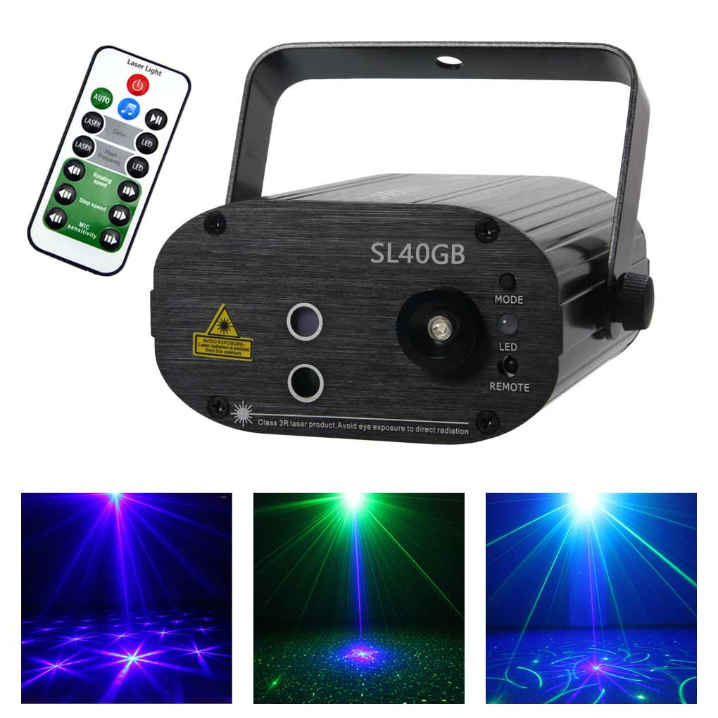 AUCD Mini Remote 40 Pattern Green Blue Laser Sound Active Lighting 3W LED Beam Projector Effect DJ Party Show Home Stage Lights SL40GB

This string exceeds 5 words, so I'll rewrite it concisely while maintaining the original meaning:

Compact 3W LED projector with 40 green-blue laser patterns, sound activation and remote for DJ parties and stage lighting