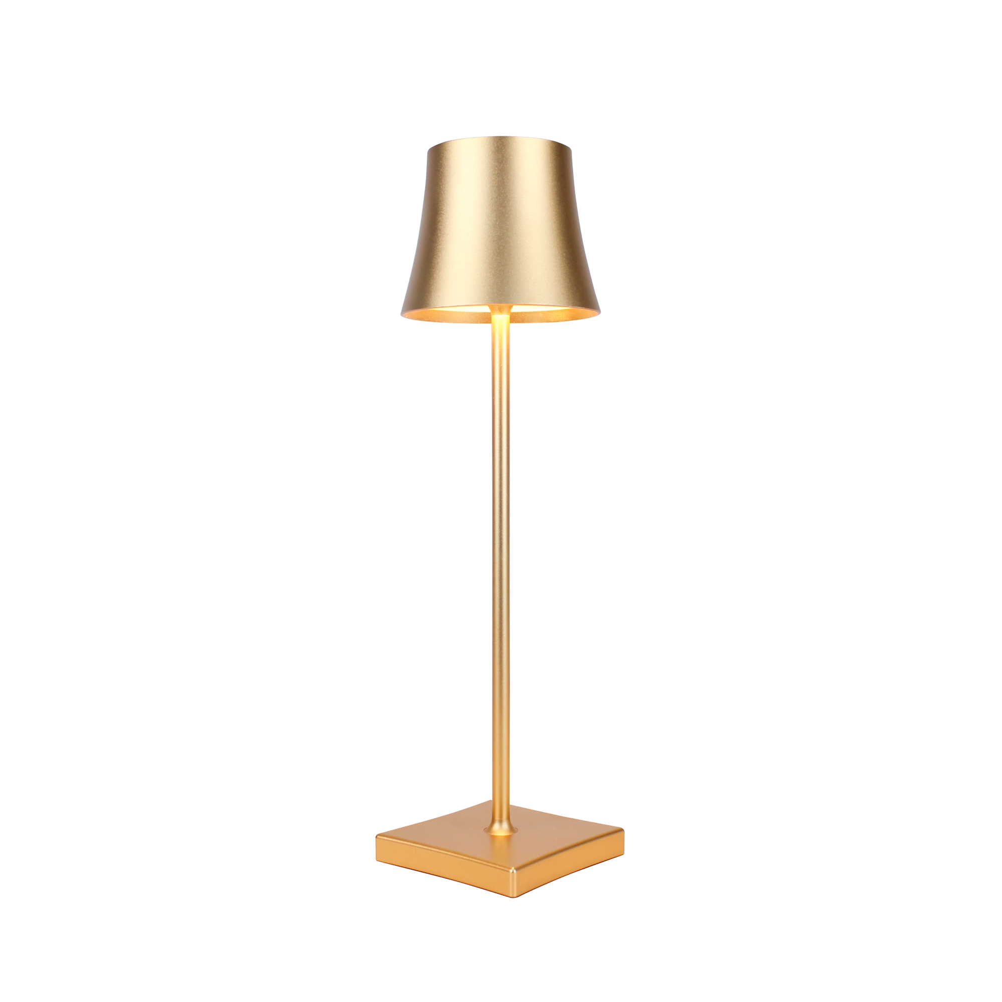 Battery-operated dimmable LED table lamp with aluminum construction, dustproof and waterproof for indoor/outdoor use in gold finish