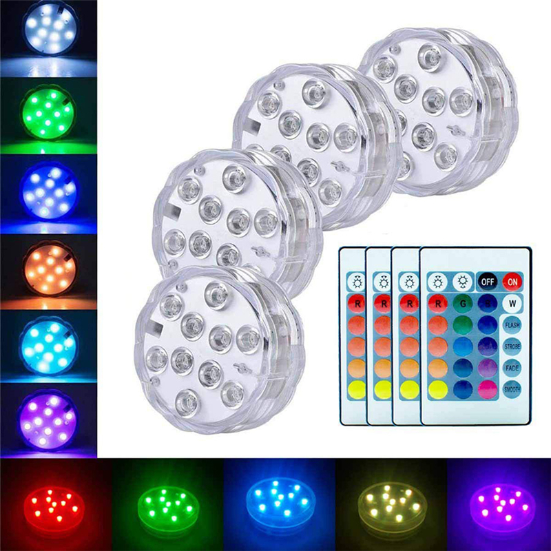 Battery-powered 10-LED RGB submersible lighting for underwater night illumination in pools, gardens, weddings, and decorative bowls