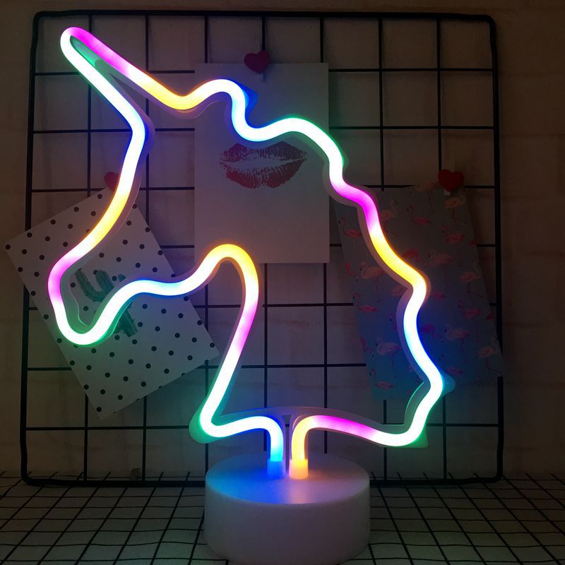 Battery-powered Rainbow LED Neon Light for Holiday, Xmas, Party, Wedding, Kids Room, and Home Decor featuring Flamingo, Moon, and Unicorn designs