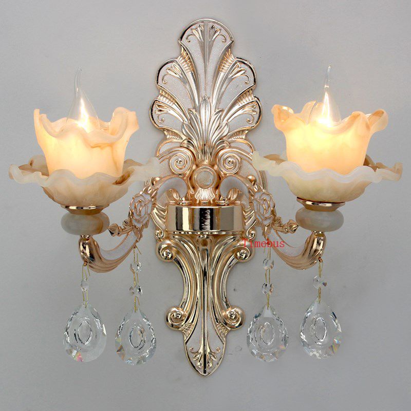 Bedroom crystal wall sconce with imitation jade double heads for living room, hotel, villa, or stairway lighting