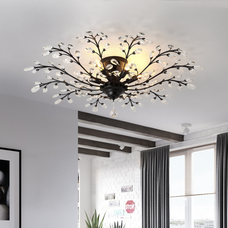 Bedroom Lights Wrought Iron Crystal Ceiling Light Porch Pastoral Creativity LED Living Room Lamp Surface Mounted Chandelier Restaurant Ceiling Lamps