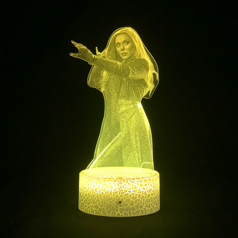 Bedside LED night light with 3D acrylic design featuring Scarlet Witch, sensor-activated, smartphone color control, perfect for home decor, parties, birthdays, and gifts for kids and friends