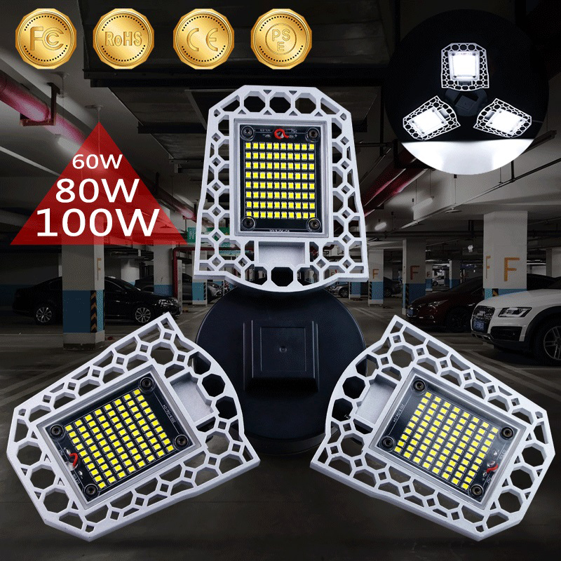 Best seller 60/80/100W adjustable LED garage light with waterproof IP65 rating, ideal for workshop, ceiling, or industrial warehouse use, compatible with E26/E27 sockets