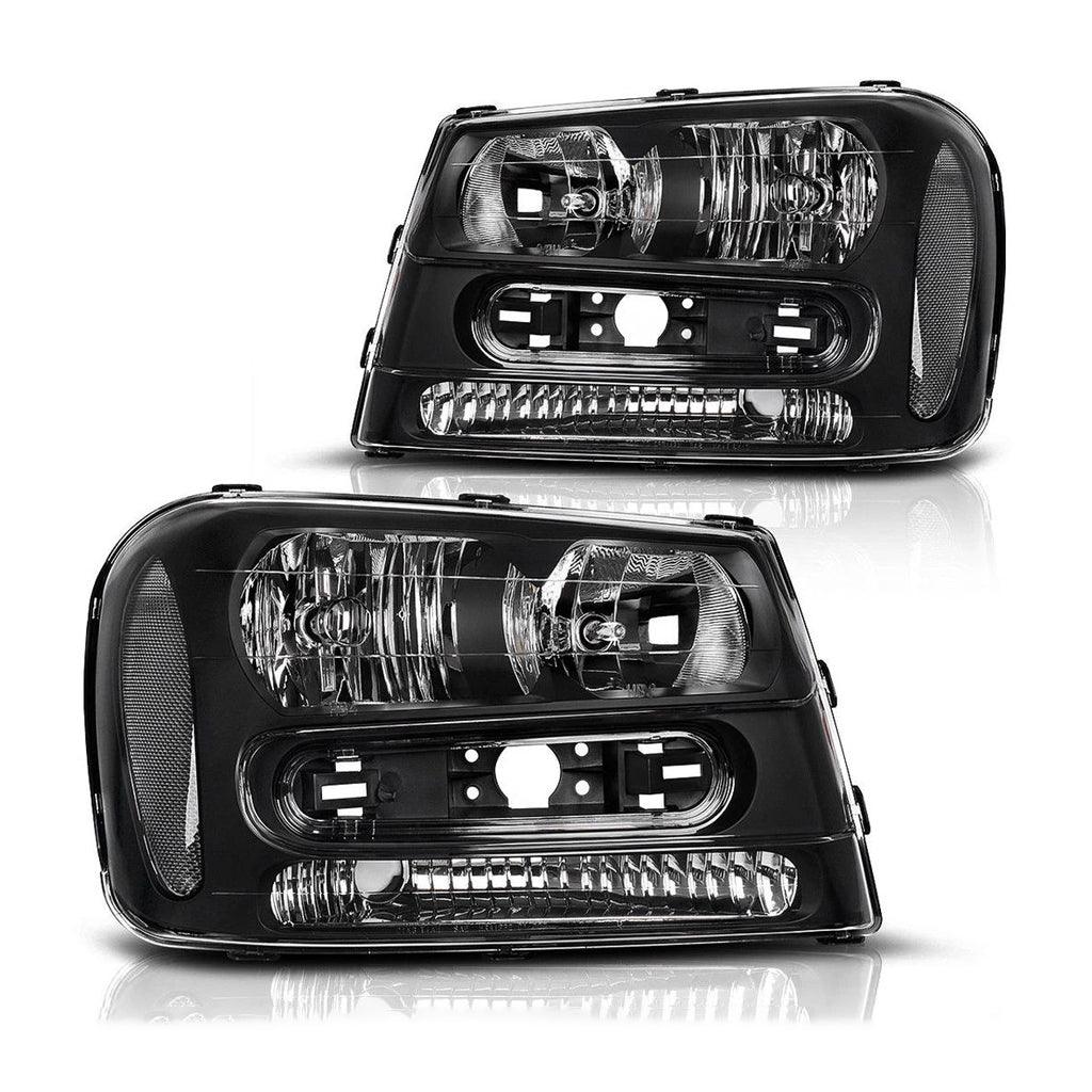 Black housing headlight assembly for 2002-2009 Chevy Trailblazer, excluding 2006-2009 LT models