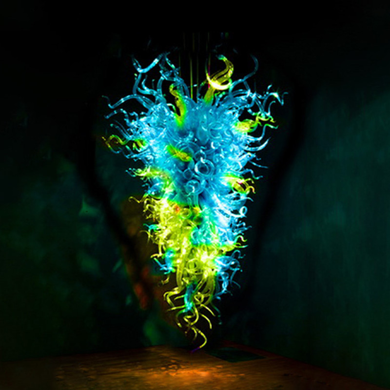 Blue and green glass chandelier hotel home lamp with art deco modern pendant light featuring LED hot bending and hand-blown glass design for sale